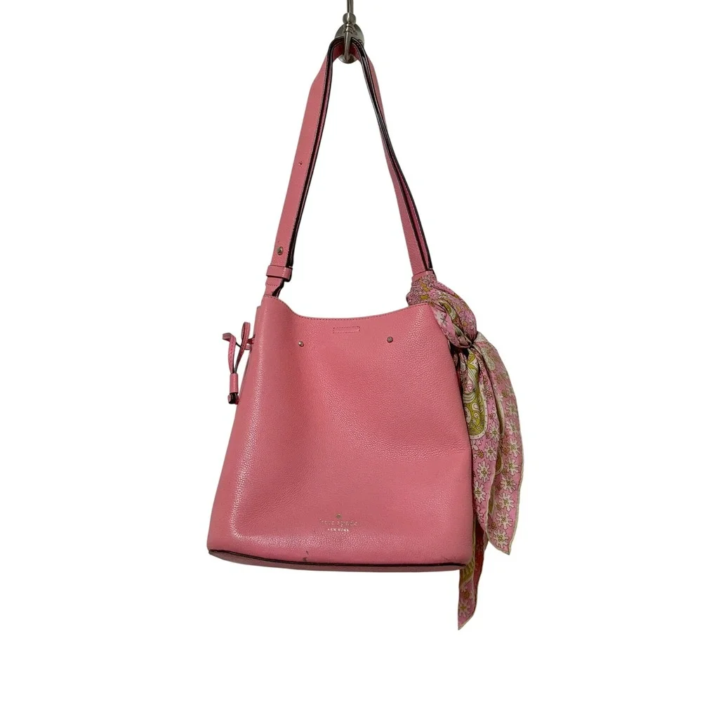 Kate‎ Spade Marti Small Bucket Bag Pink Pebbled Leather Scarf Accent - S4